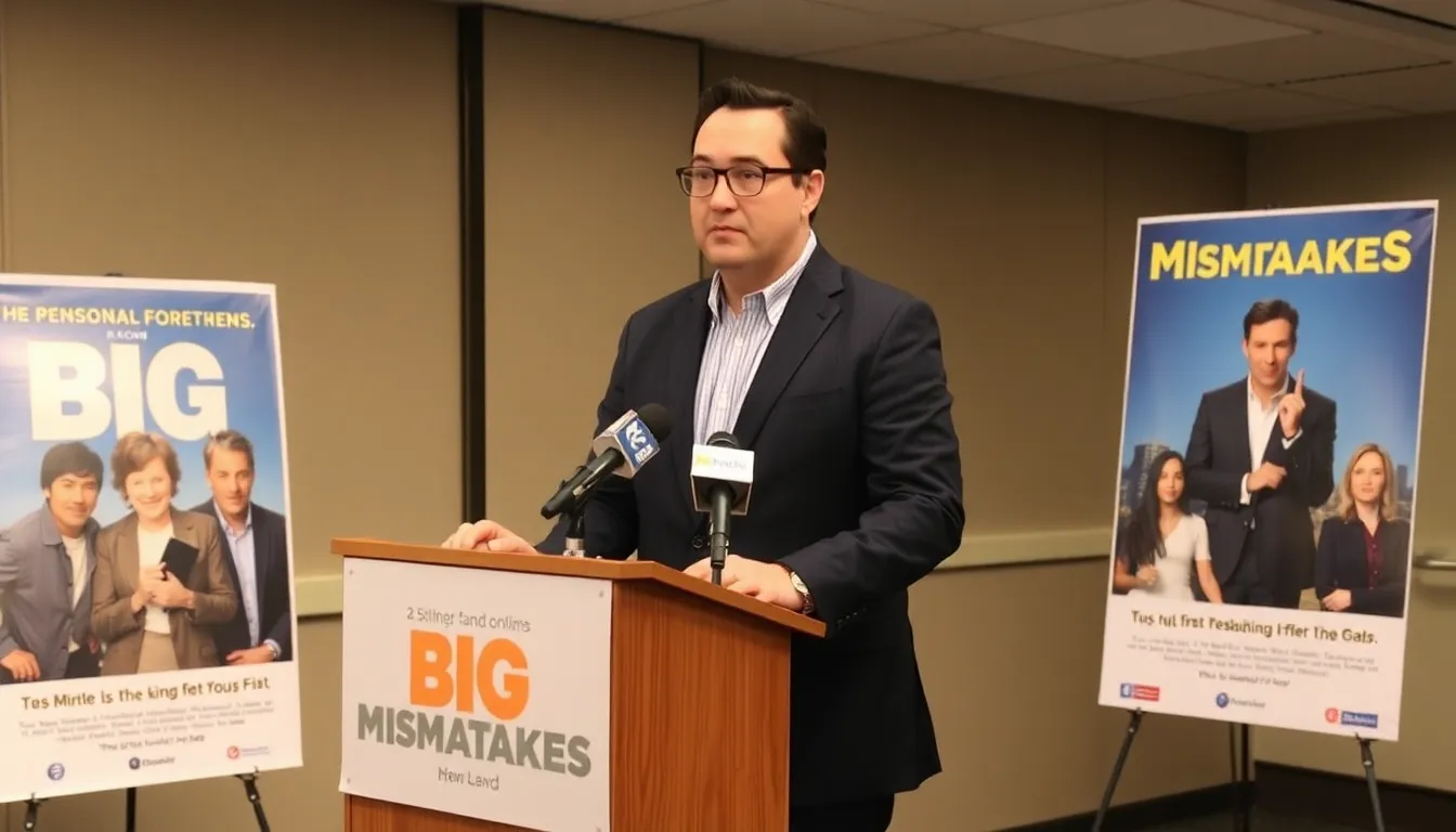 Dan Levy speaks at a press conference announcing the renewal of 'Big Mistakes' for a second season, with a backdrop featuring promotional posters of the show.