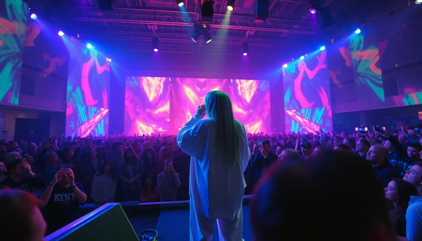 Billie Eilish performs on stage in a vibrant 3D concert setting, captivating the audience with her powerful vocals and dynamic visuals.