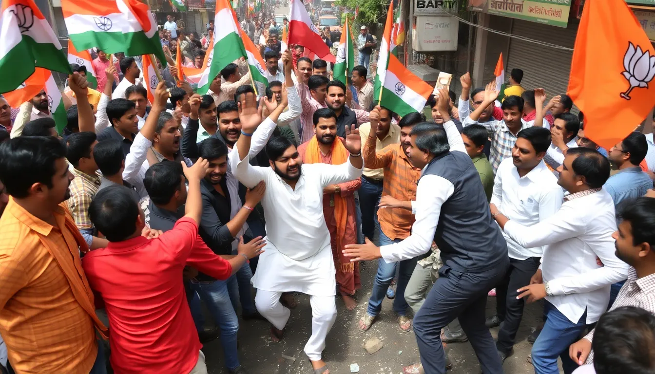 Supporters of rival political factions clash in the streets following the shooting of a BJP leader's aide, highlighting the escalating violence after the recent state elections in India.