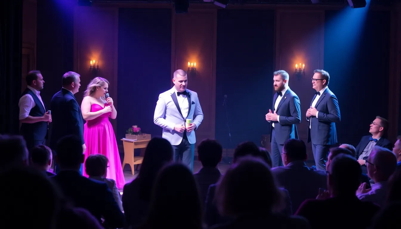 A diverse cast performs a scene from The Black Ball, capturing the emotional struggles of love and loss among gay men, while a captivated audience watches intently in a theater setting.