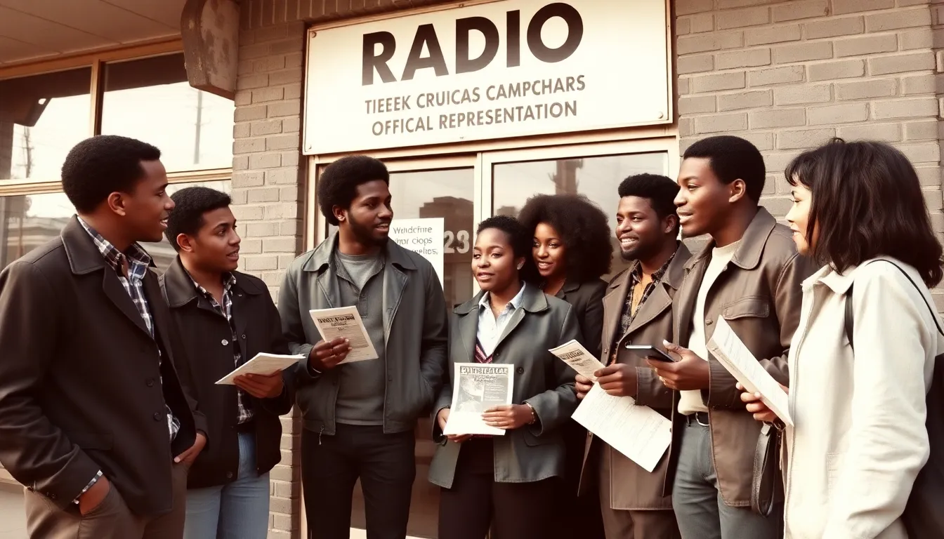 A group of Black students gathers around a radio broadcasting station, passionately discussing their efforts to gain representation in media during the 1960s and 1970s.