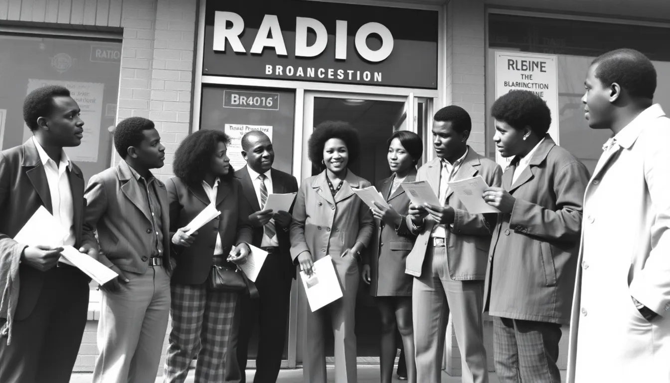An archival photo showcasing a vintage radio station, where Black student broadcasters are engaging with their audience through live programming