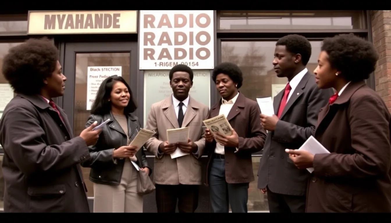 A historical image of a civil rights demonstration, with students holding signs advocating for media diversity and inclusion in the 1960s