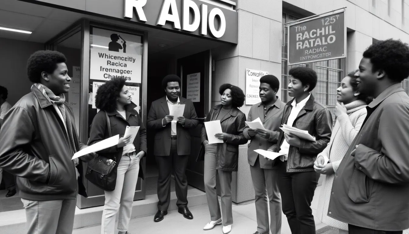 A candid moment capturing Black student activists collaborating on a radio project, highlighting their commitment to authentic representation in media