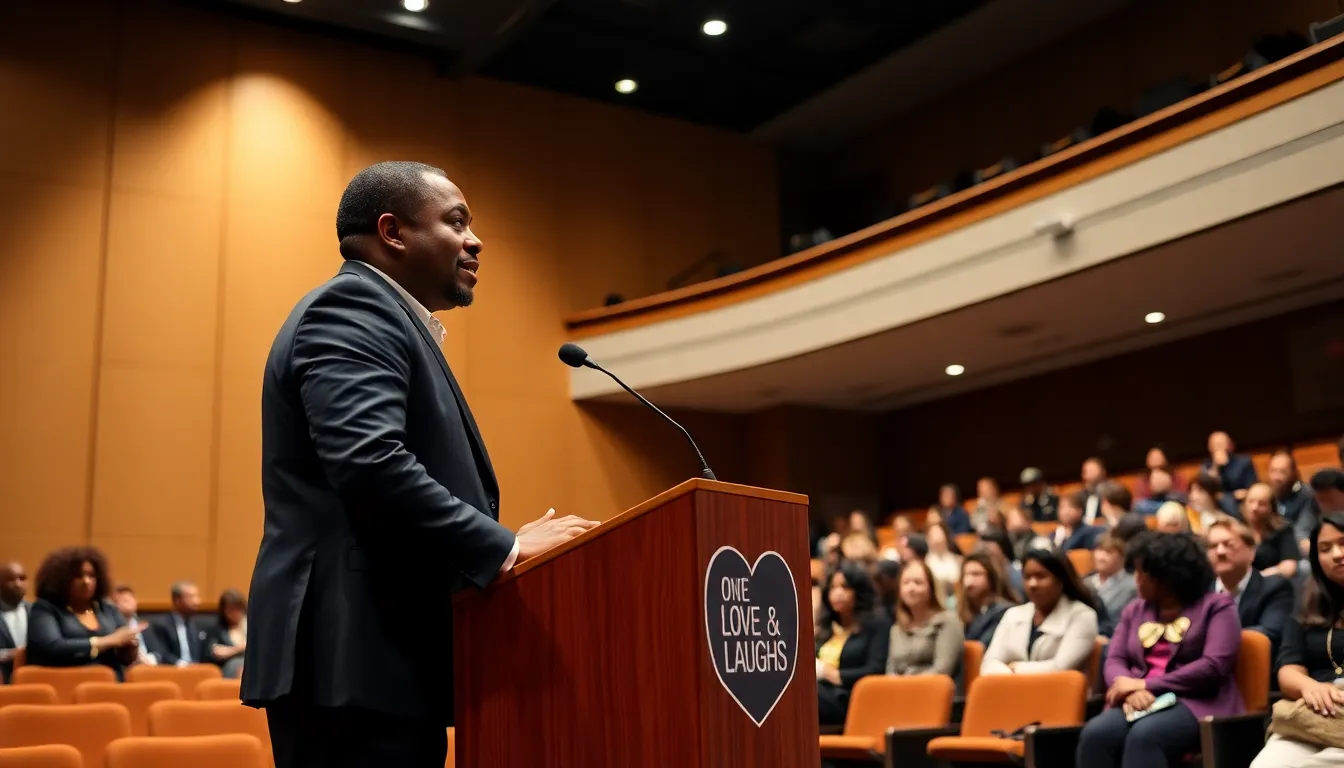 Malcolm D. Lee stands at a podium during a press event, announcing the launch of the 'Love & Laughs' initiative, surrounded by industry leaders and creatives eager to support diverse storytelling in film.