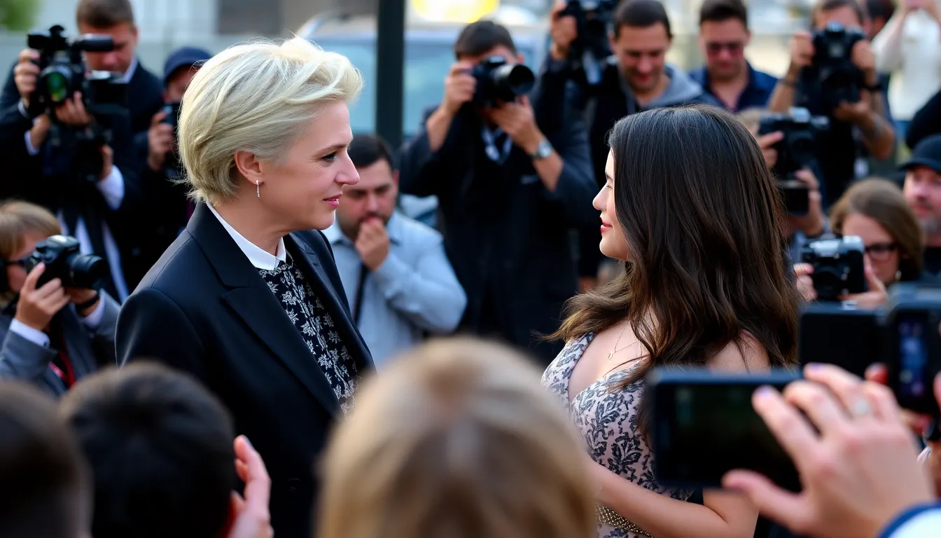Cate Blanchett and Selena Gomez are seen together at a press event, discussing their upcoming collaboration in a new film directed by Brady Corbet.
