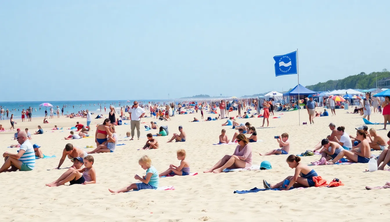 A crowded beach scene shows families enjoying the sun and sand, while a banner announcing the recent Blue Flag awards hangs in the background, highlighting the absence of recognition for one local beach.