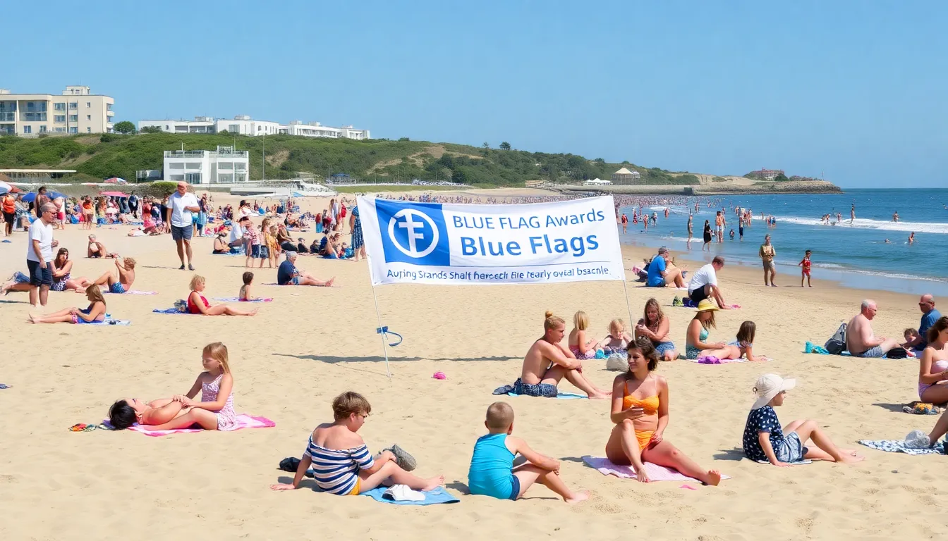 Tourists strolling along the beach, highlighting the importance of Blue Flag status for attracting visitors and supporting local businesses