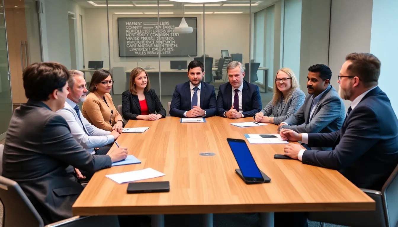 A group of policymakers and tech industry leaders gather around a conference table, discussing strategies to address the growing influence of American technology firms in the UK.