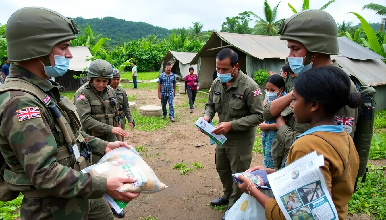 British paratroopers distribute medical supplies and educational materials to local residents on a remote island while addressing hantavirus concerns.