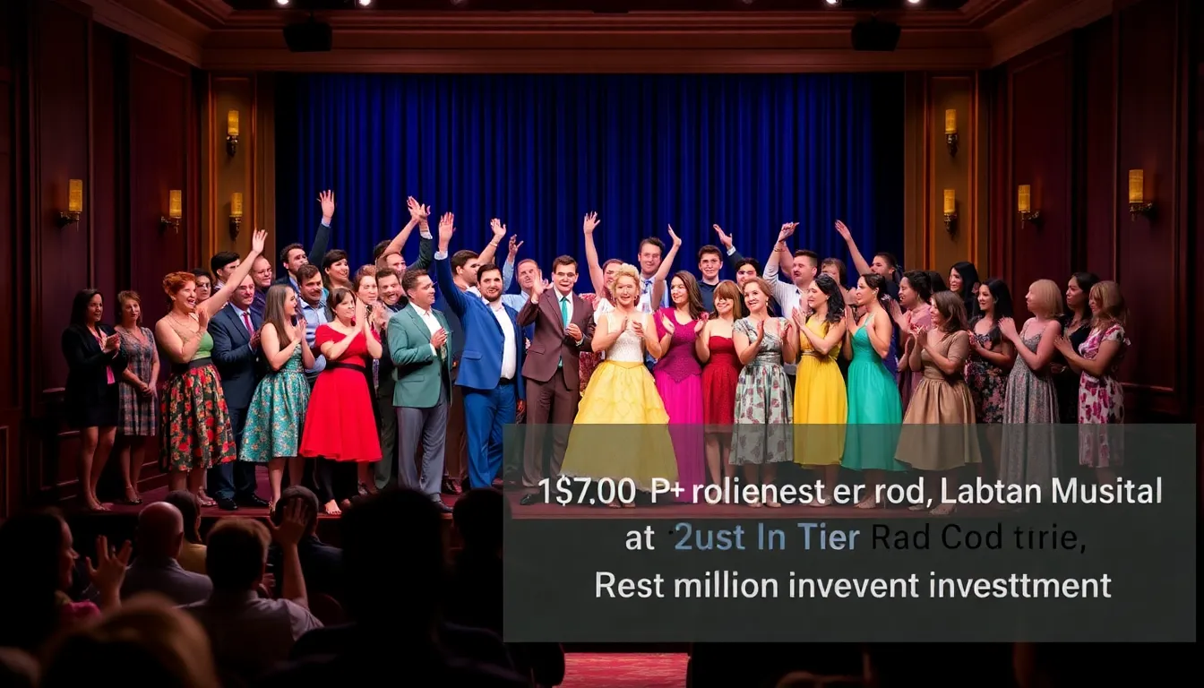 The cast of Broadway's musical Just In Time celebrates on stage after the announcement that the show has recouped its .5 million investment, with vibrant costumes and enthusiastic applause from the audience.