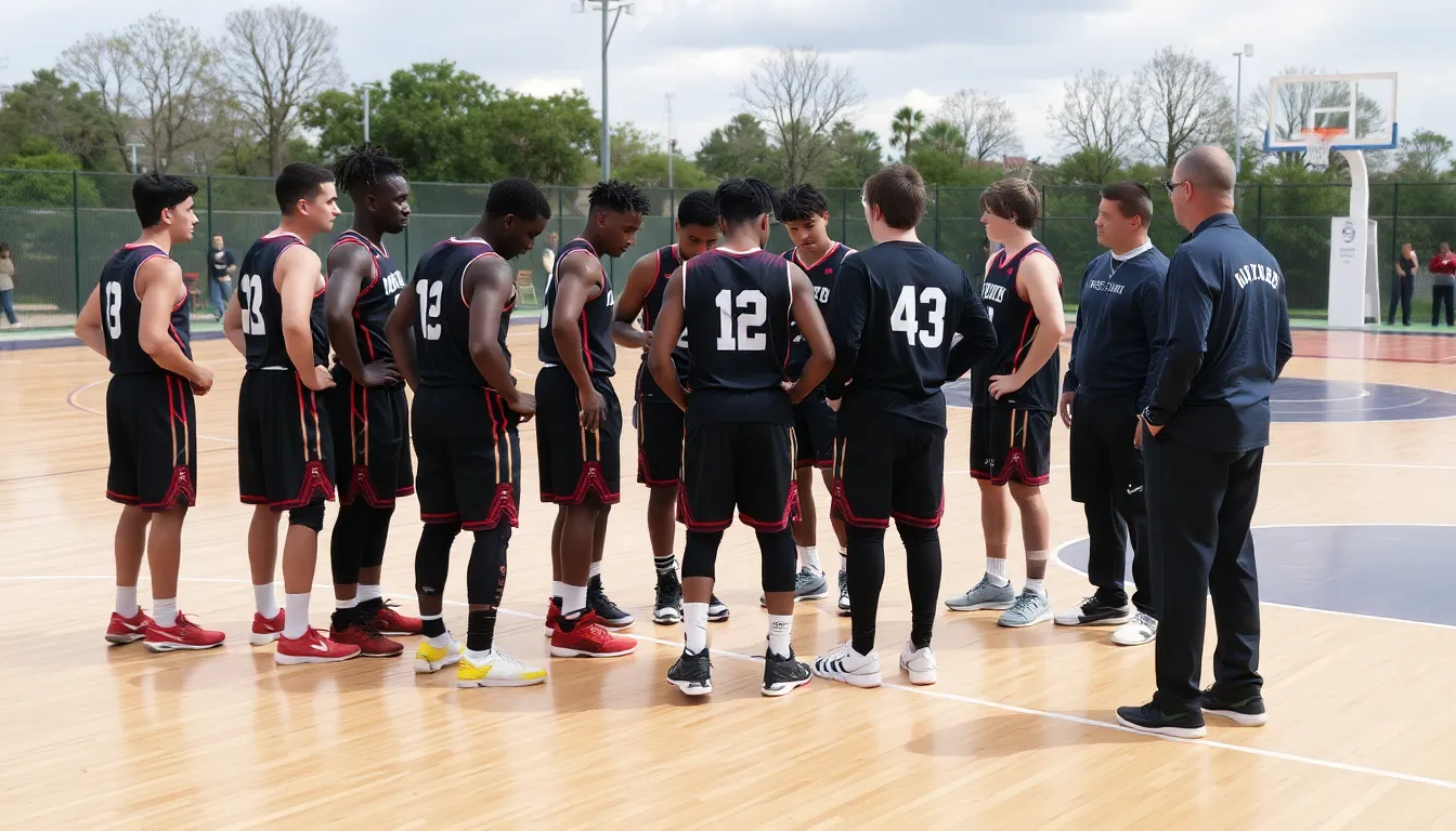 A group of players and coaches huddle on the sidelines, visibly concerned as a teammate is being assisted off the court after sustaining an injury during a critical playoff game.