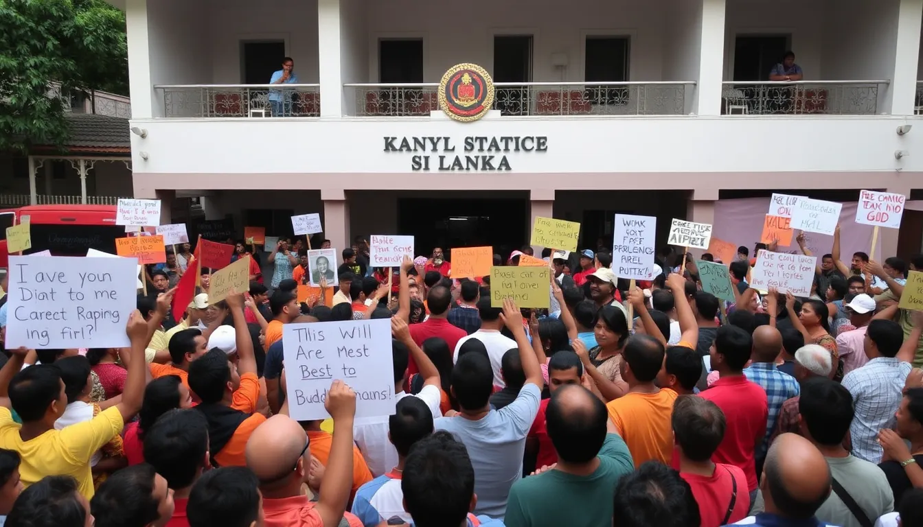 A crowd gathers outside a police station in Kandy, Sri Lanka, expressing outrage over the arrest of a prominent Buddhist monk accused of raping a teenage girl.