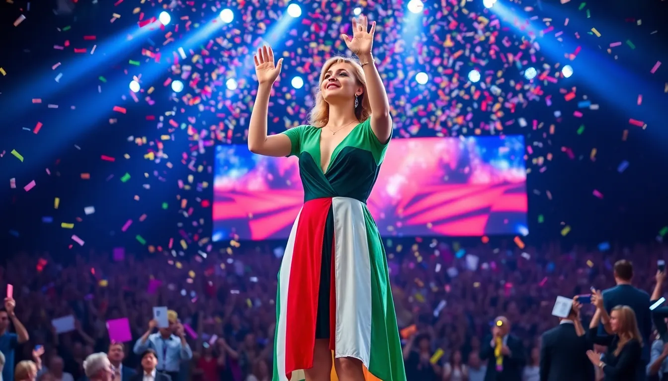 Fans celebrate Bulgaria's triumphant victory in the Eurovision Song Contest, waving flags and cheering enthusiastically in a colorful display of national pride