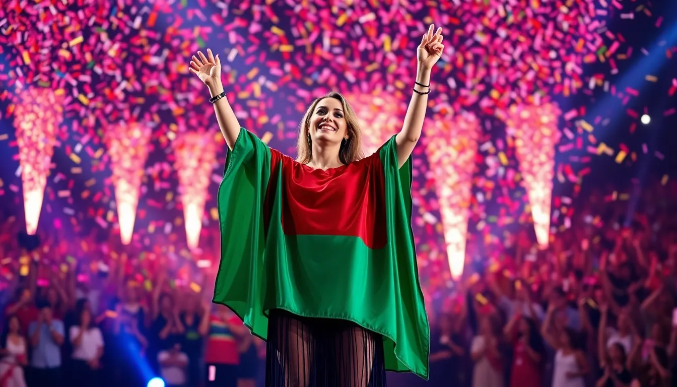 Elena Petkova celebrates on stage after Bulgaria's historic victory at the 2026 Eurovision Song Contest in Stockholm, surrounded by confetti and cheering fans.
