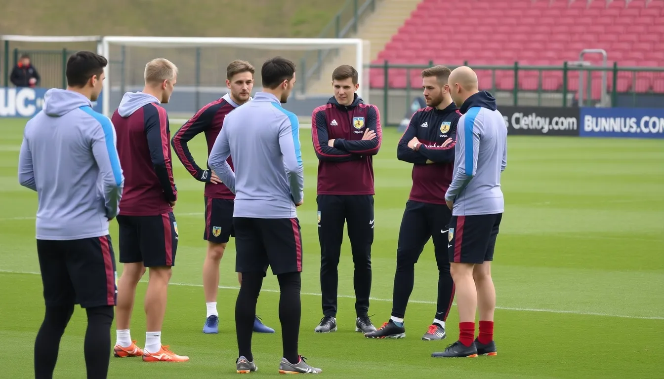 Burnley Football Club players gather on the training pitch, discussing strategies as they prepare for upcoming matches following the departure of head coach Scott Parker.