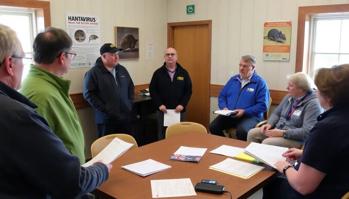 Health officials in British Columbia are seen discussing the first confirmed hantavirus case in a rural community, emphasizing the importance of public awareness and preventive measures against rodent exposure.