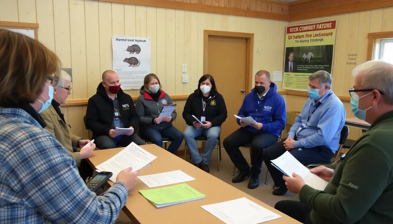 A public health official addressing local concerns about hantavirus, illustrating the importance of communication and community awareness in disease prevention