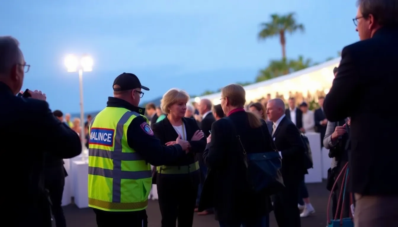 Attendees evacuating the theater in an orderly manner as festival organizers prioritize safety amid a medical emergency