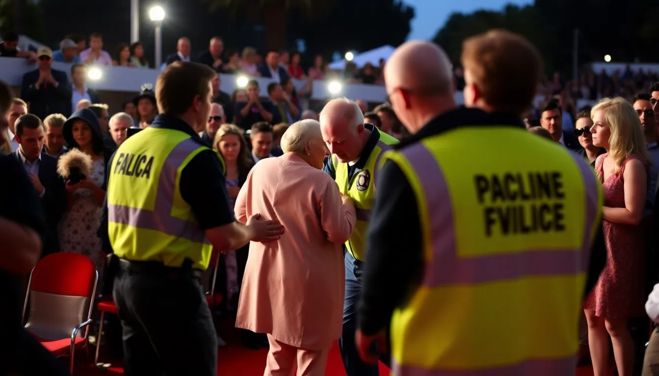 A concerned crowd gathering outside the screening venue, reflecting the atmosphere of uncertainty following the incident