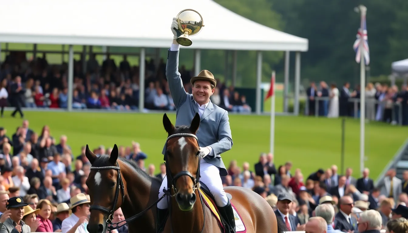 Oliver Canter celebrates his historic third consecutive victory at the Badminton Horse Trials, surrounded by cheering spectators and fellow competitors.