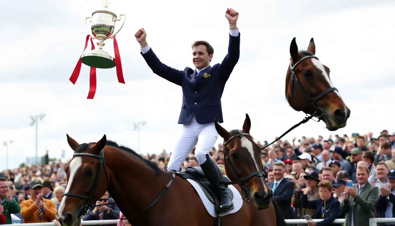The audience cheers enthusiastically as Canter celebrates his historic third victory at the prestigious Badminton Horse Trials, highlighting the excitement of the event