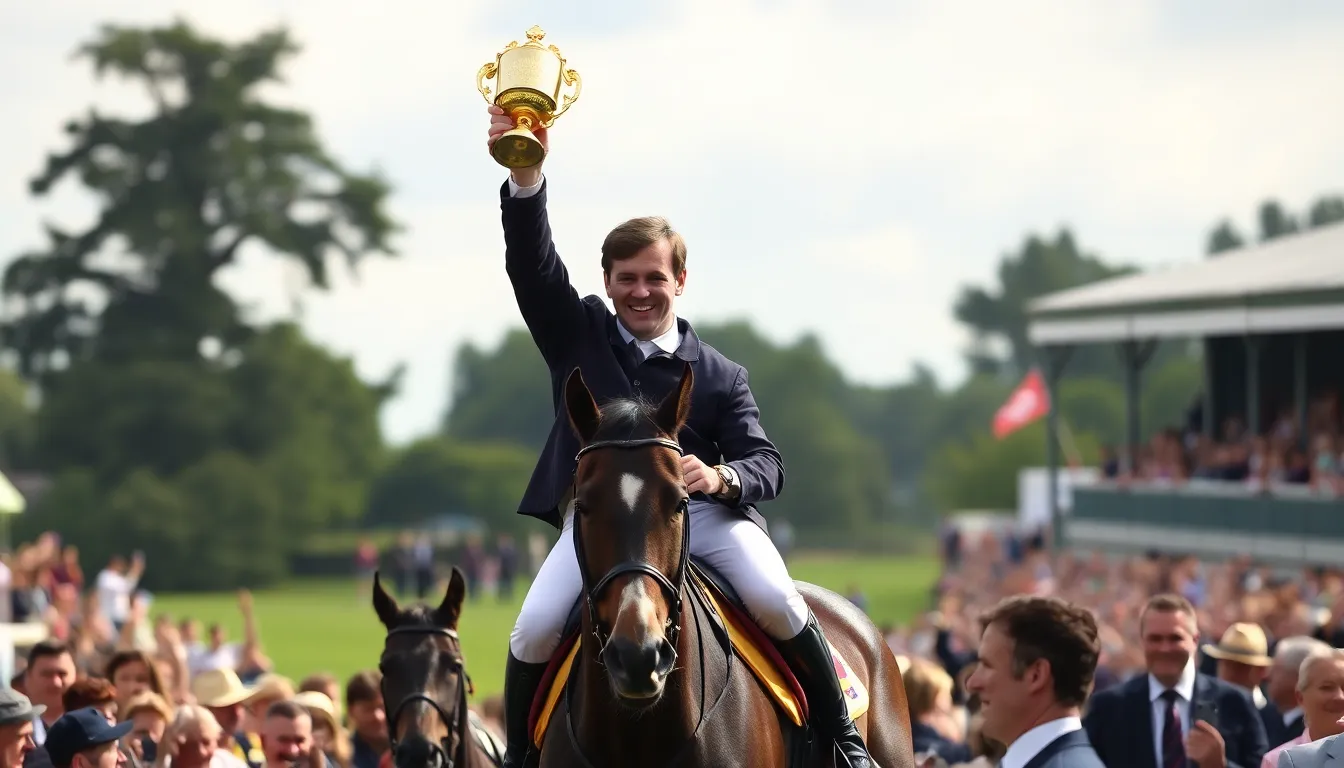 A closeup of Canter and his horse moments after crossing the finish line, capturing their triumphant expression and the adrenaline of the competition