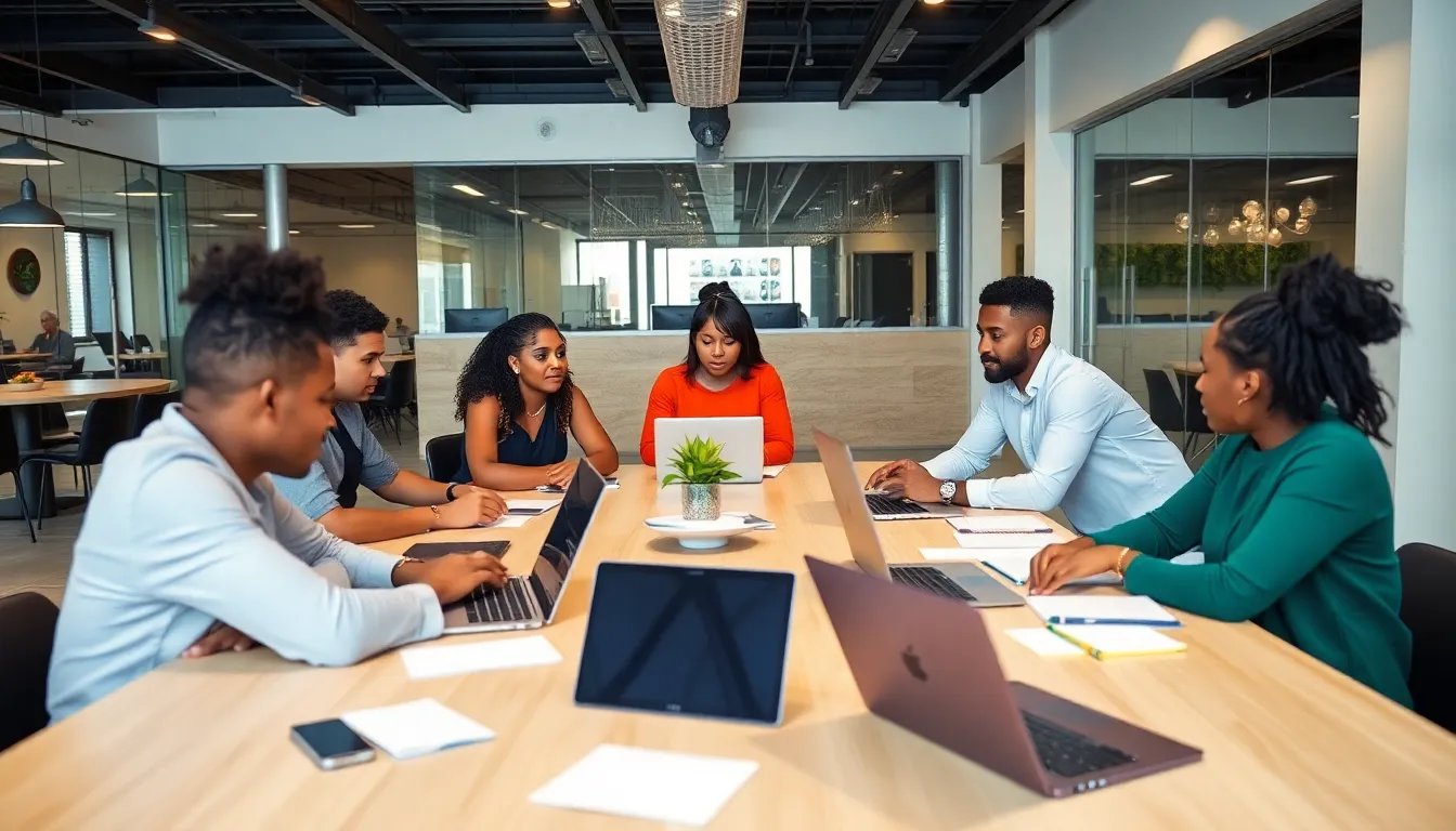 A group of young entrepreneurs collaborates in a modern tech hub in Cape Verde, discussing innovative ideas to attract skilled professionals back to the nation.
