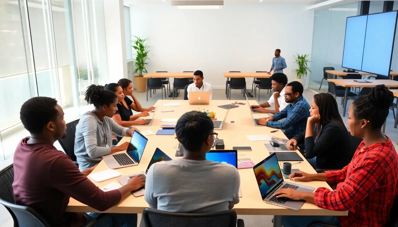A vibrant tech hub in Cape Verde, bustling with entrepreneurs collaborating on startup ideas and projects