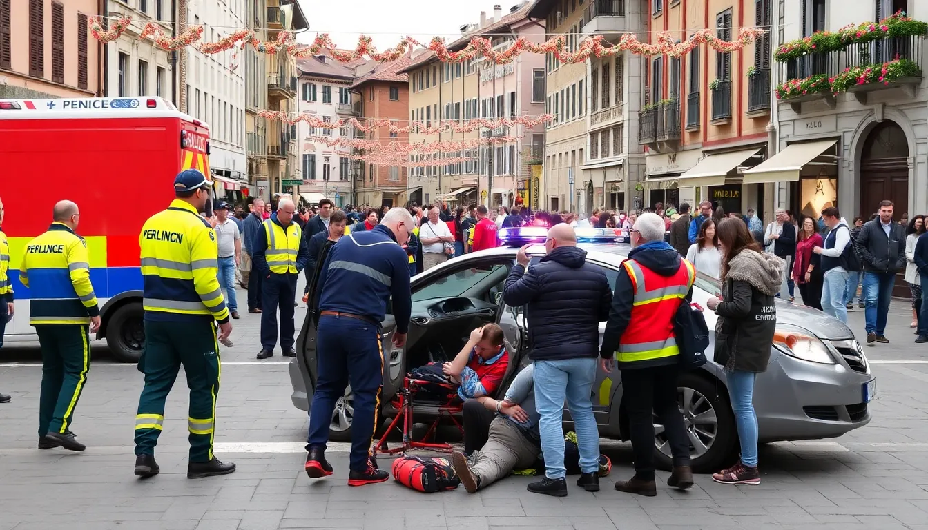 Emergency services attend to injured pedestrians in a busy square following a car accident during a local festival in a northern Italian town.