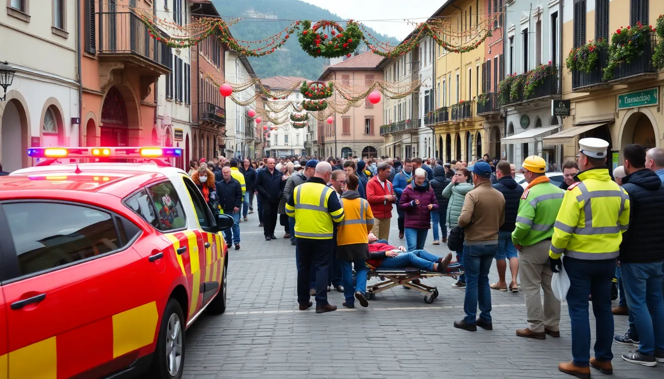 Emergency responders tending to injured pedestrians immediately following the car crash in a crowded street