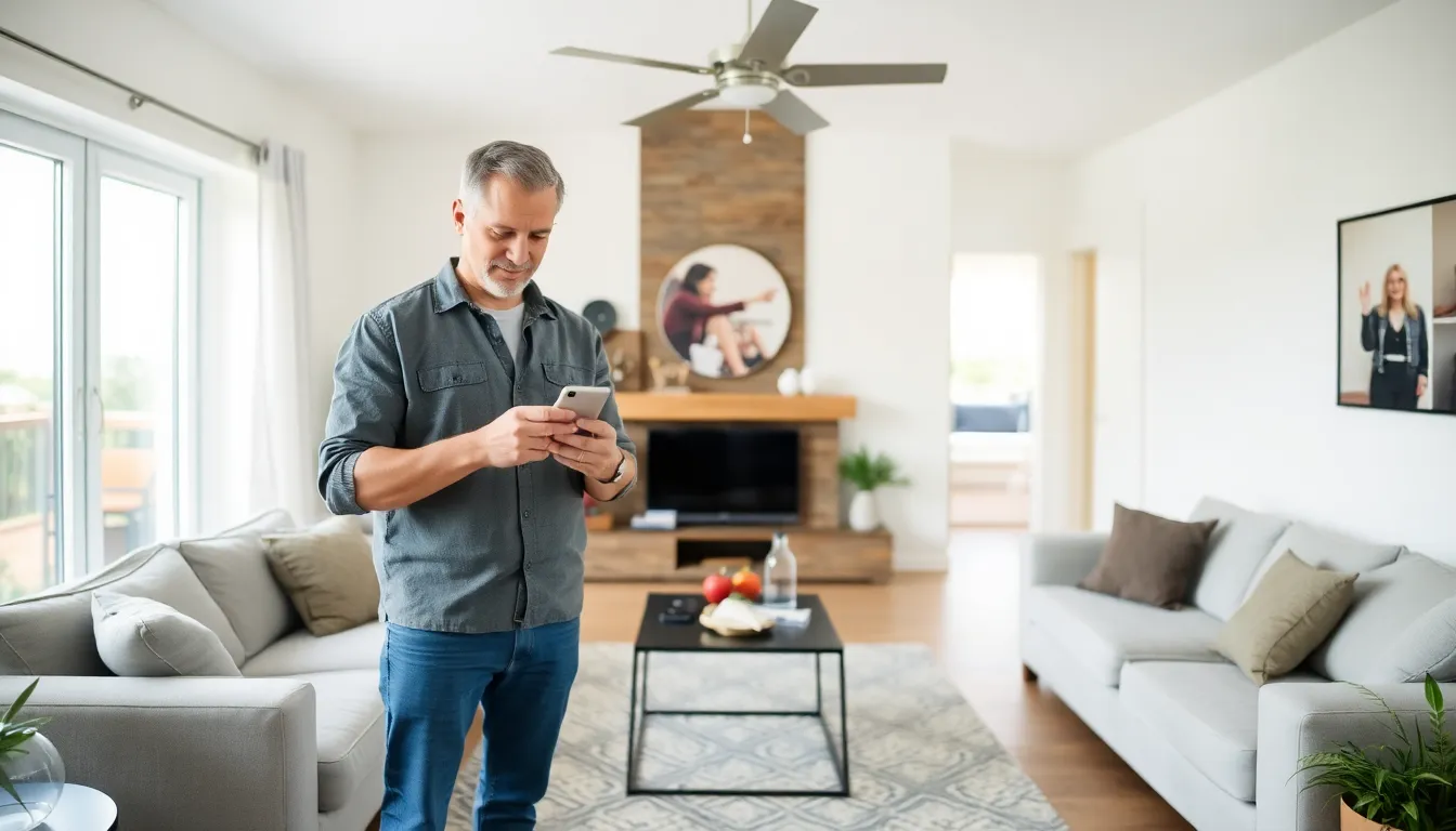 A homeowner uses a mobile app to schedule a maintenance service while standing in a wellkept living room filled with modern furniture.