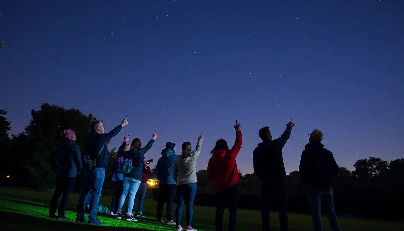 A group of enthusiastic stargazers gathers on a clear night, eagerly pointing at the sky as meteors streak across the horizon during the Eta Aquariids meteor shower.