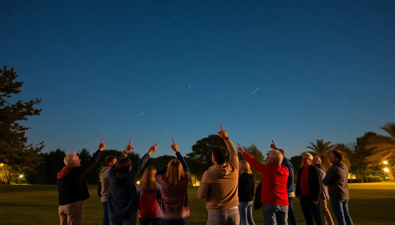 Stargazers gathered on a clear night, eagerly watching the celestial display of meteors originating from Halley's Comet
