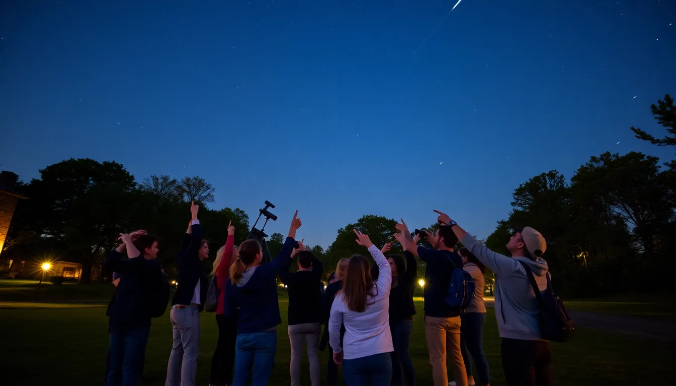 A vibrant community event organized for meteor shower viewing, with families and enthusiasts enjoying the spectacle and learning about astronomy