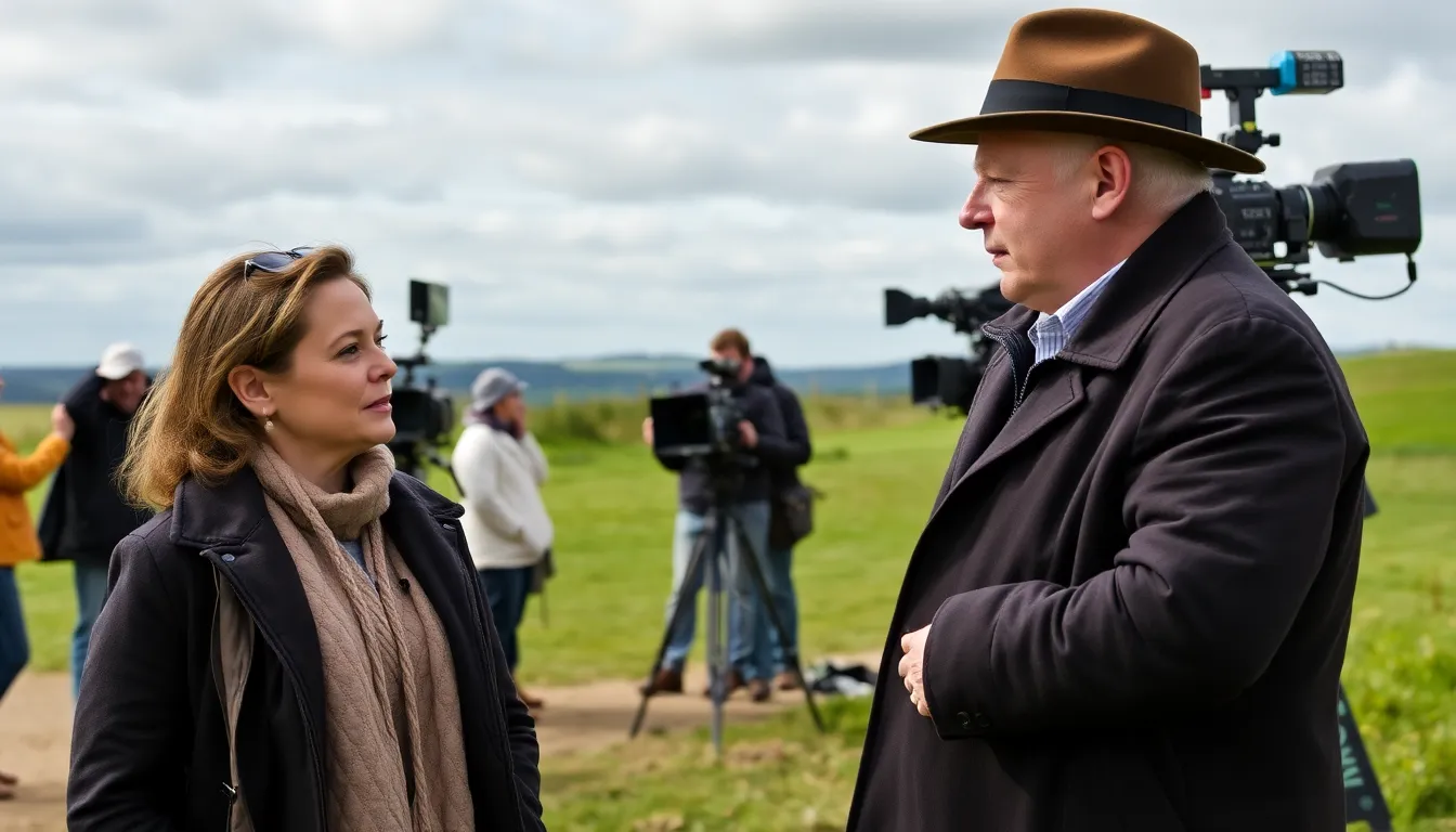 Catherine ZetaJones and Sir Anthony Hopkins are seen discussing a scene on the set of their upcoming film about Welsh poet Dylan Thomas.