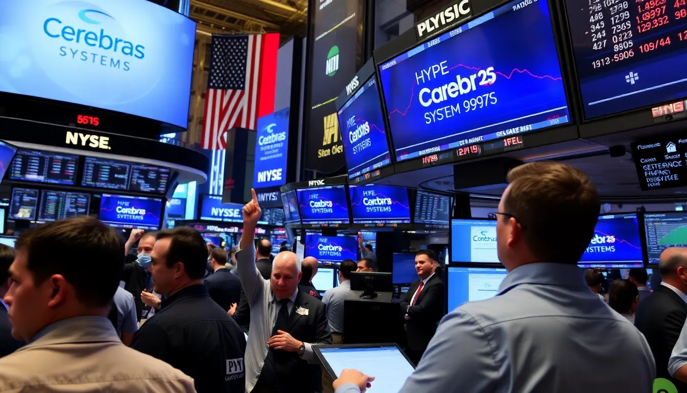 Traders monitor stock prices on large screens at a bustling financial district as Cerebras Systems celebrates a successful IPO with shares surging 89%.