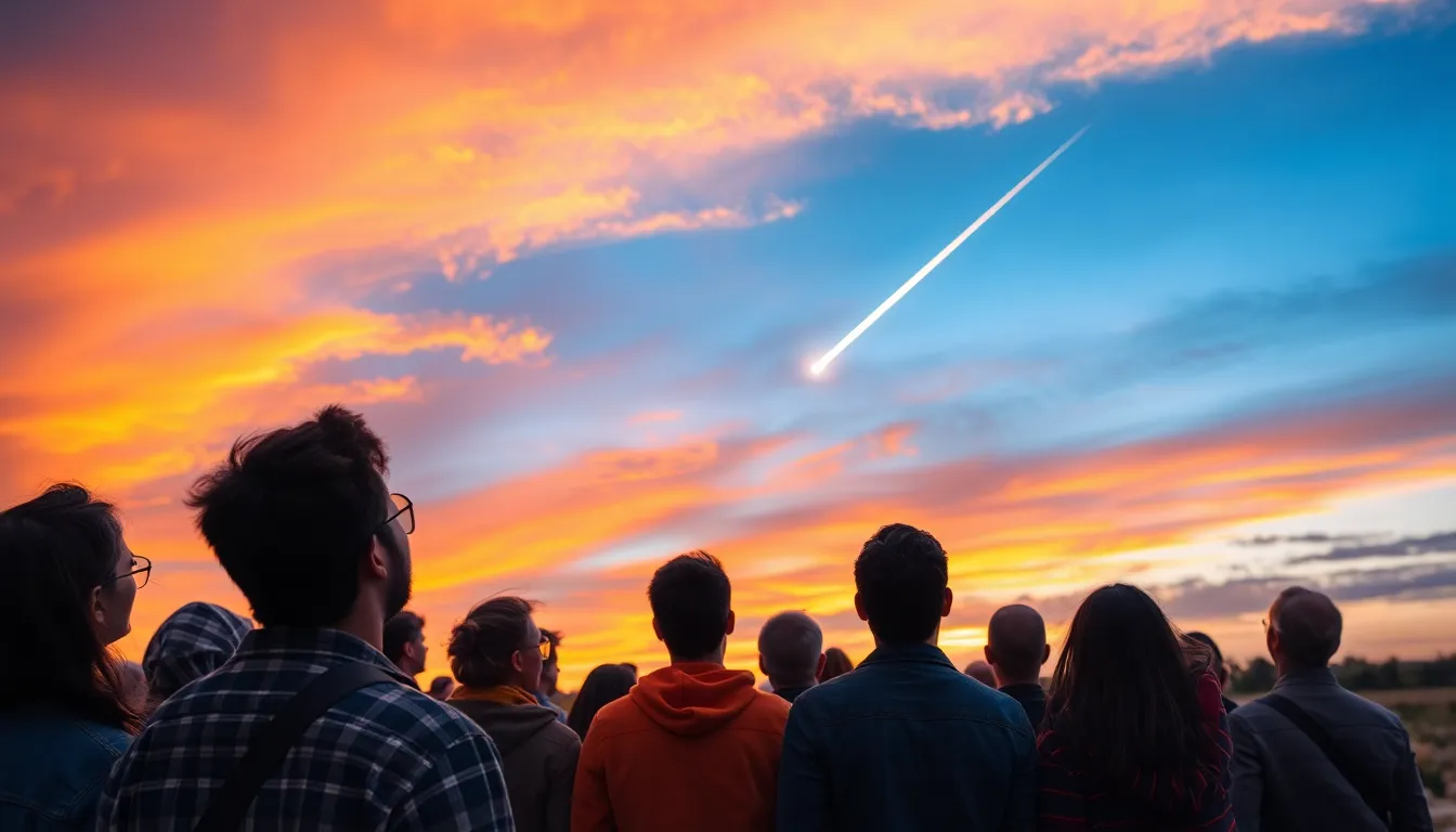 A vibrant sunset paints the sky with shades of orange and purple as a meteor streaks across the horizon, captivating onlookers below.