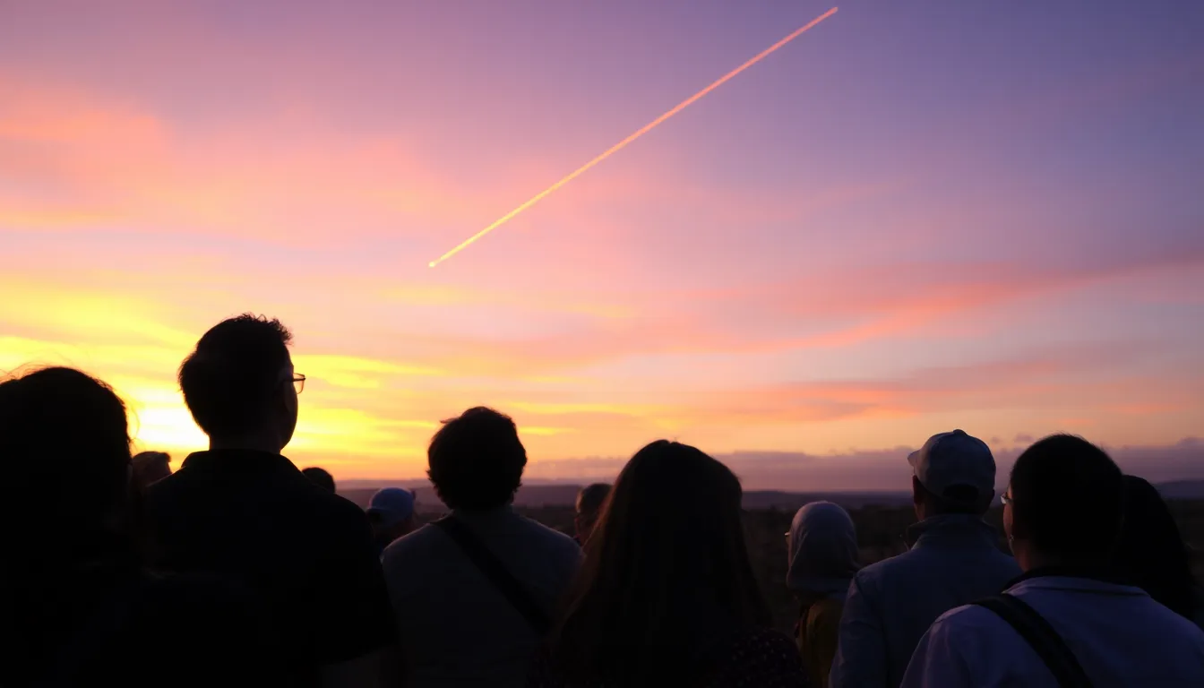 A group of enthusiastic skywatchers gazes upward, captivated by the dazzling display of meteor showers streaking across the night sky
