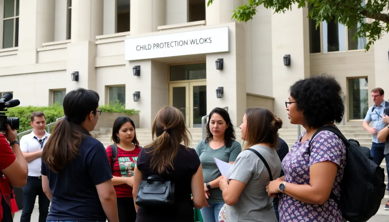 Child protection workers gather outside a government building as they face scrutiny following the tragic death of a young girl in Australia.