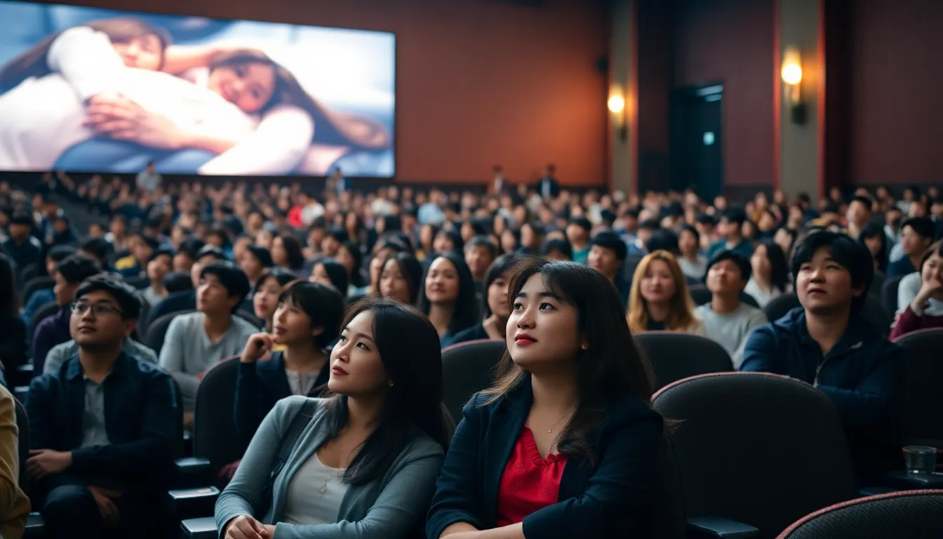 A vibrant cinema interior filled with moviegoers enjoying a film, symbolizing the resurgence of audience attendance in theaters as the film industry recovers postpandemic