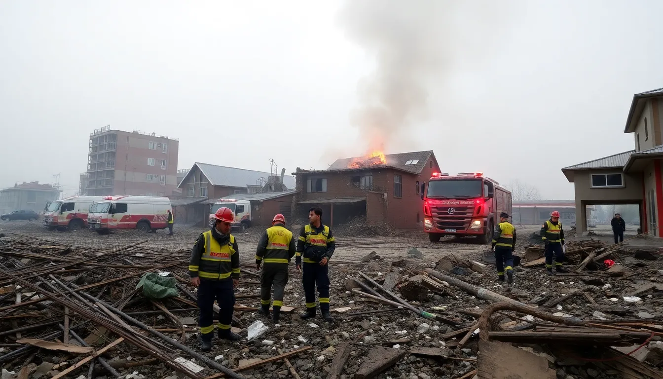 Emergency responders attend to the scene of a devastating explosion at a fireworks factory in Jiangsu, China, where 26 lives were lost and several others injured.