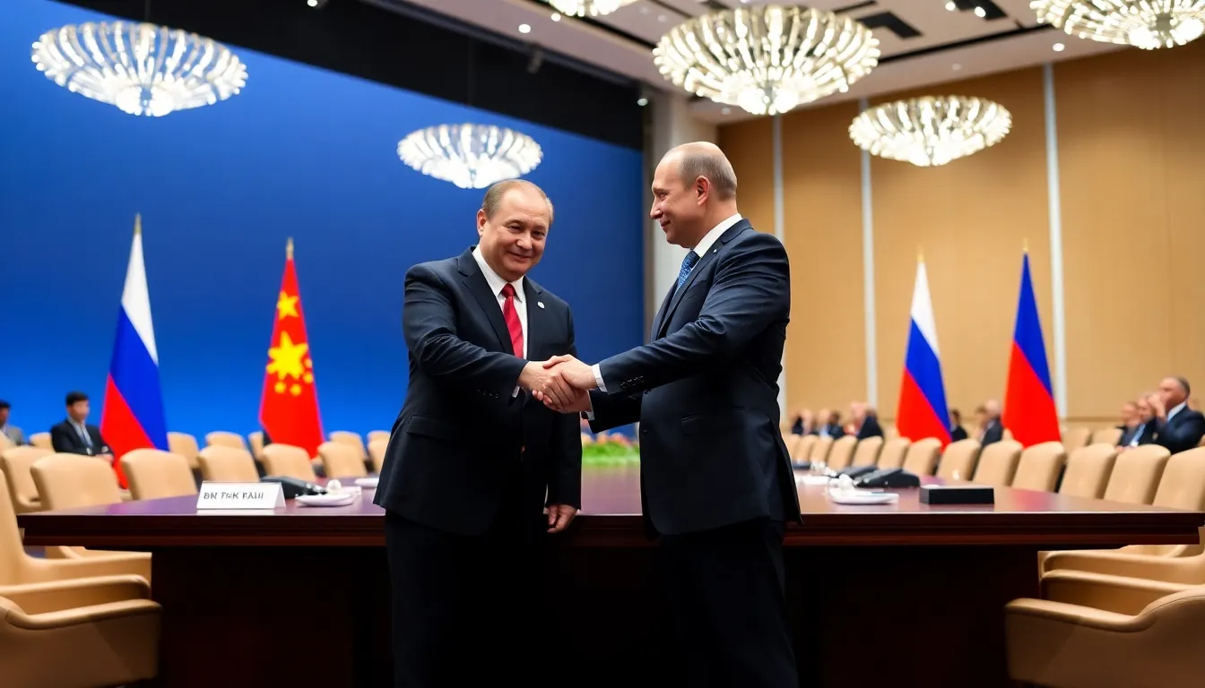 Chinese President Xi Jinping and Russian President Vladimir Putin shake hands during a bilateral meeting at the BRICS summit, emphasizing their strategic partnership amid rising tensions with the West.