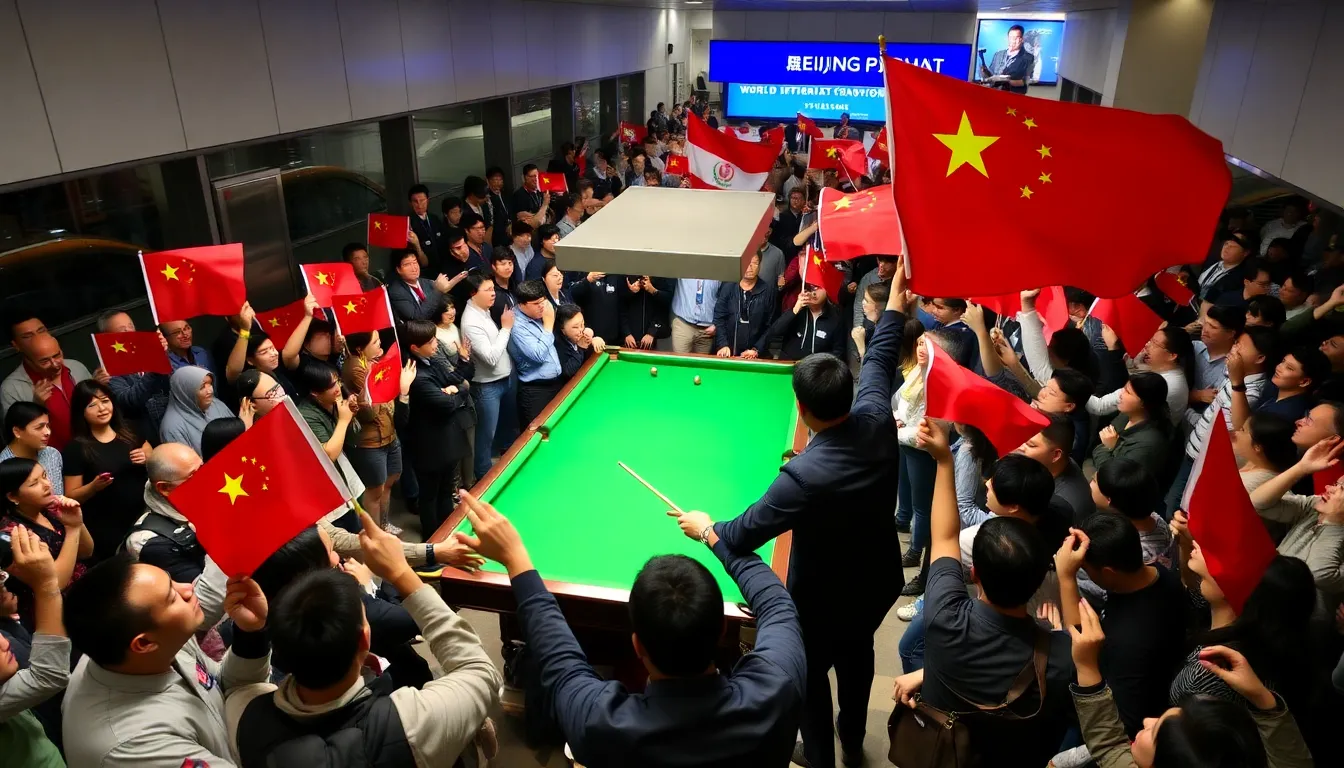 Crowds at Beijing Capital International Airport cheer and wave flags to celebrate the return of China's new snooker champion after his World Snooker Championship victory.