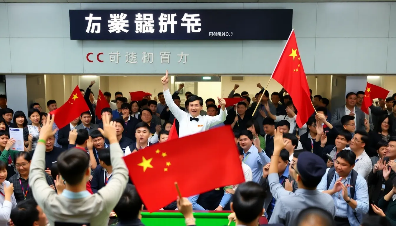 The atmosphere is electric as supporters cheer and express their excitement, showcasing the community's passion for snooker and the impact of the athlete's success on local interest in the game