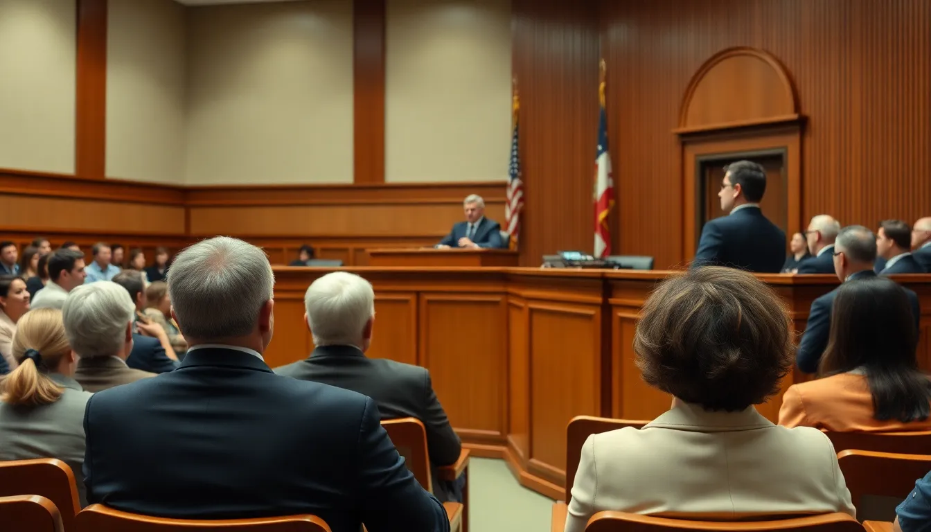 A courtroom scene shows a judge delivering a ruling while a group of people, including the dismissed worker and their legal representatives, listen attentively.