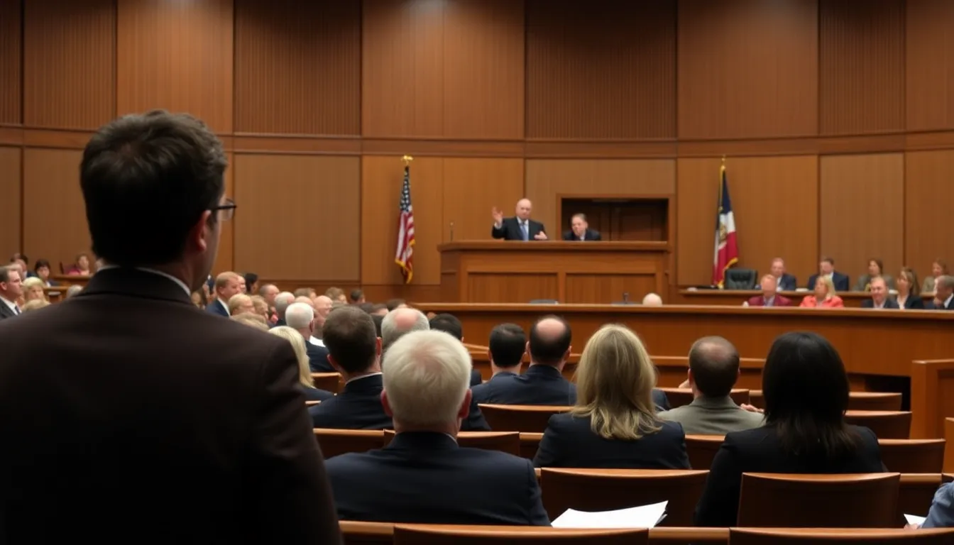 A courtroom scene where legal representatives discuss the implications of AI on employment rights, reflecting the growing tension between technology and labor laws