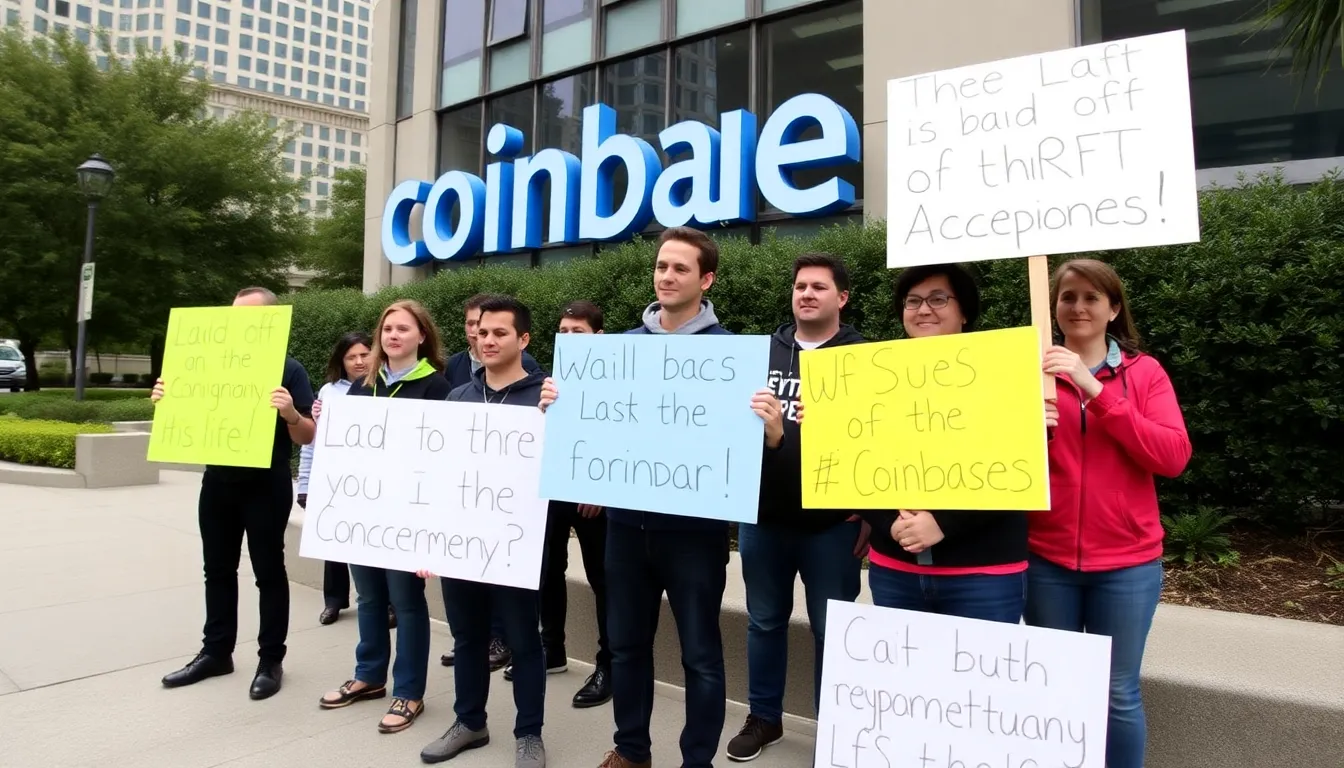 A group of laidoff Coinbase employees gathers outside the company's headquarters, holding signs expressing their disappointment and concern for the future of the cryptocurrency sector.