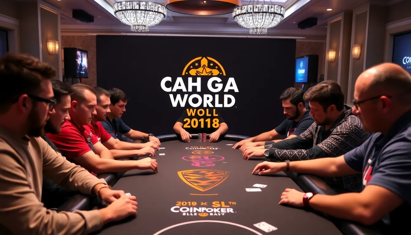 A group of focused players sits around a virtual poker table, intensely strategizing their moves in the semifinals of the Cash Game World Championship hosted by CoinPoker.