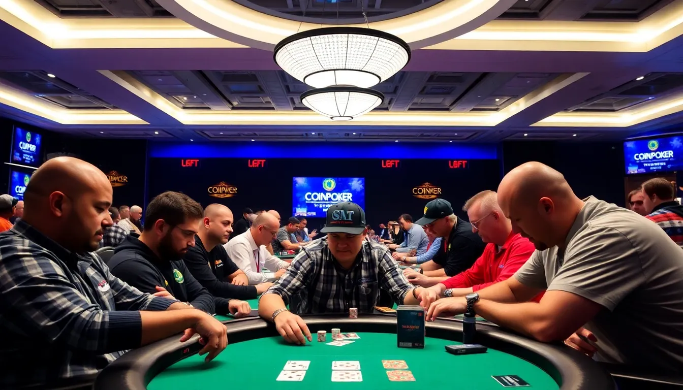 A group of enthusiastic poker players gathers around a table, intently focused on their cards during the CoinPoker World Poker Masters tournament.